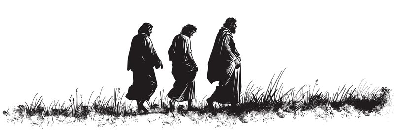 men in ancient times walking in robes in fields